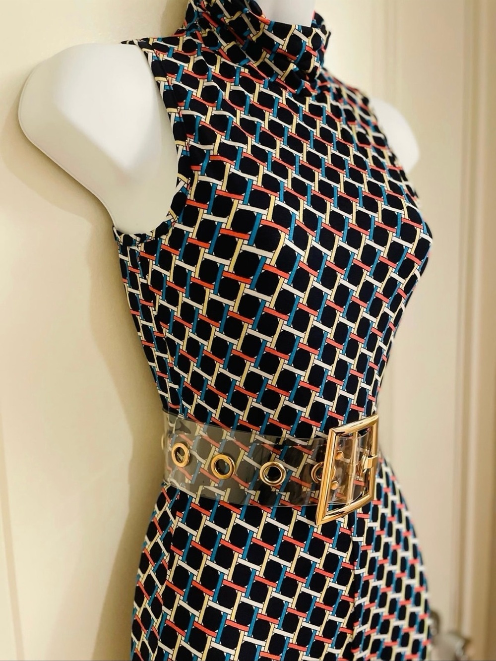 Sleeveless High-Neck Geometric Jumpsuit in Navy and Cream